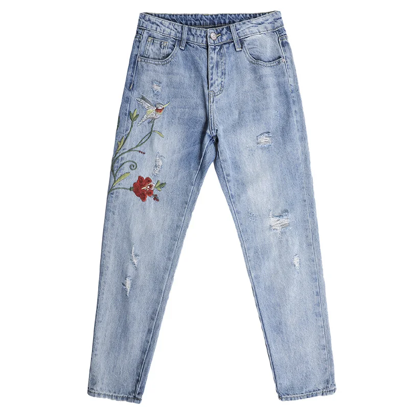 

New Spring Summer Women Harem Denim Pants High Waisted Vintage Style Floral Embroidery Jeans Female Ripped Hole Trousers