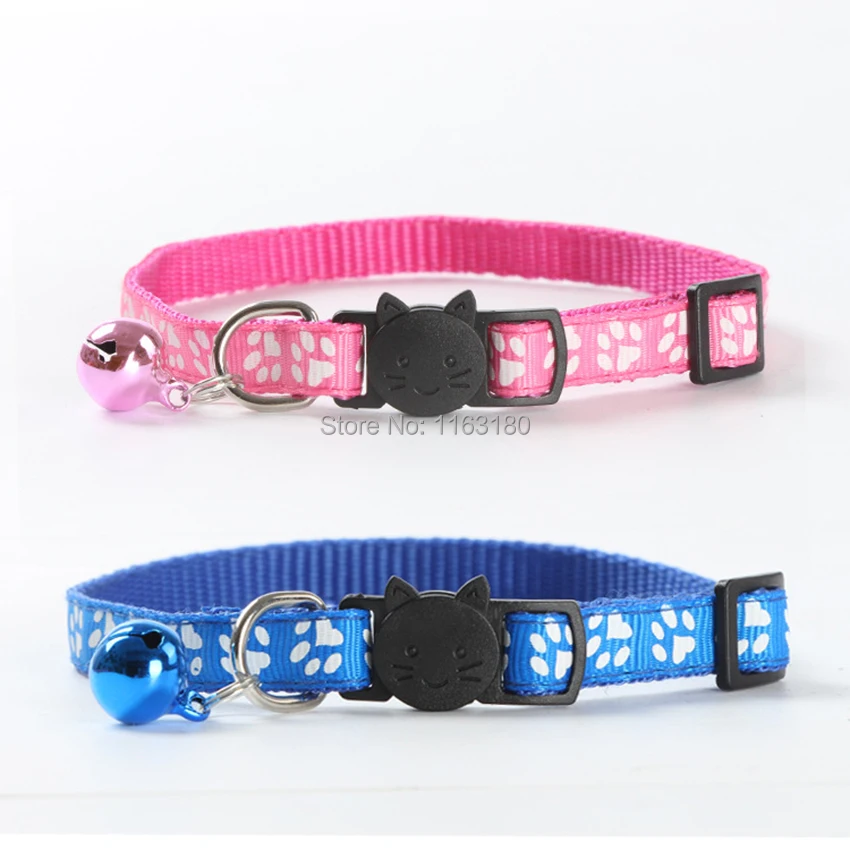 72pcs/lot Safety Nylon Dog Puppy Cat Collar Breakaway Adjustable Cats Collars with Bell and Bling Paw Printing Pet Supplies | Дом и сад