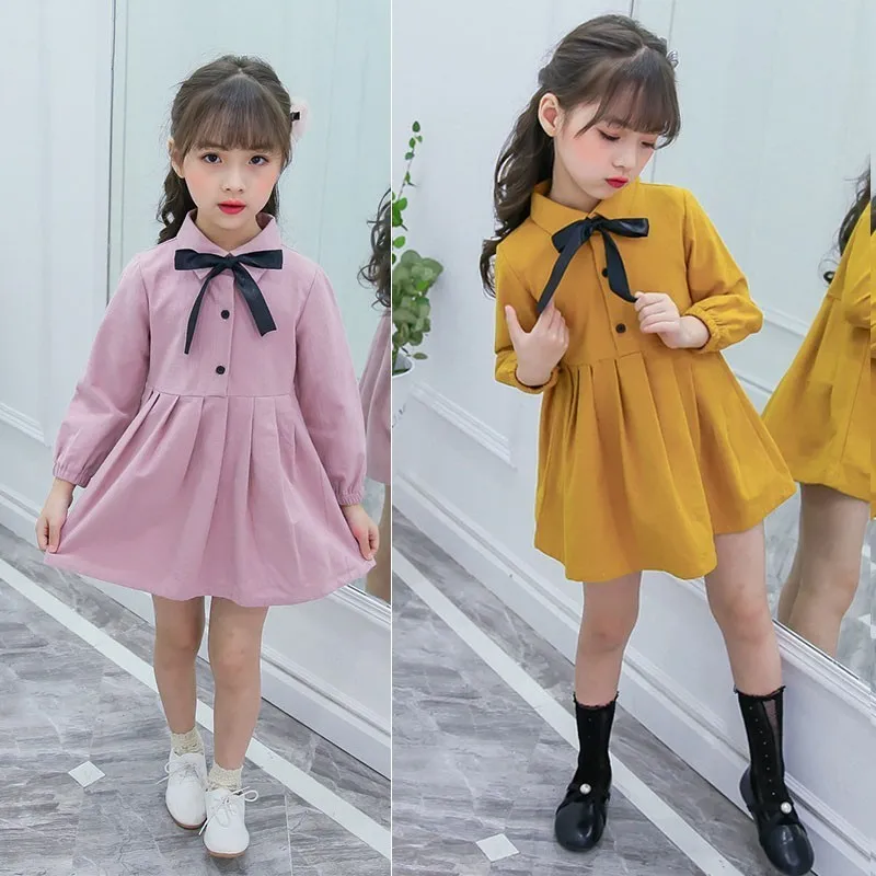 Платья-рубашки с длинными рукавами для маленьких девочек-подростков; модное платье для малышей; Весенняя школьная одежда с бантом для девочек; цвет розовый, желтый; одежда для больших детей