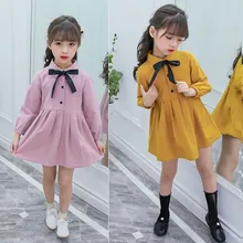 Платья-рубашки с длинными рукавами для маленьких девочек-подростков; модное платье для малышей; Весенняя школьная одежда с бантом для девочек; цвет розовый, желтый; одежда для больших детей