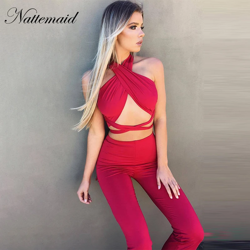 

NATTEMAID Sleeveless Hollow Out Summer Two Piece Set Bodycon Crop Tops Clubwear Women Set Backless Red Party Women 2 Piece Set