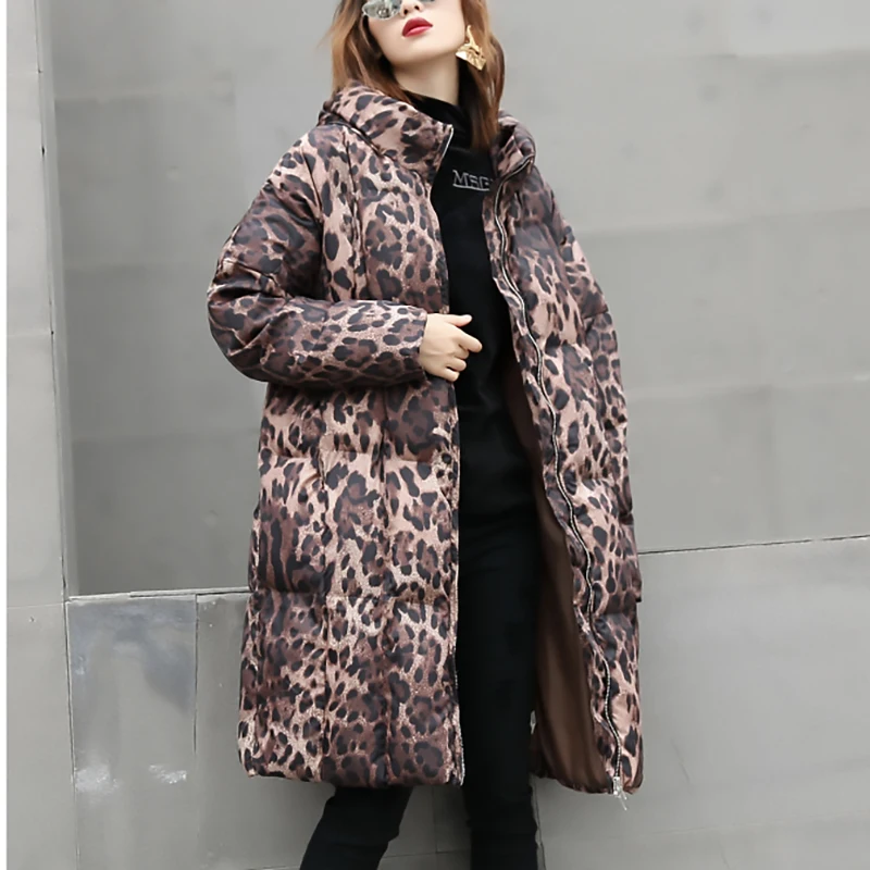 [EAM] 2019 New Spring Hooded Long Sleeve Leopard Printed Loose Large Size Cotton-padded Coat Women Parkas Fashion JK242
