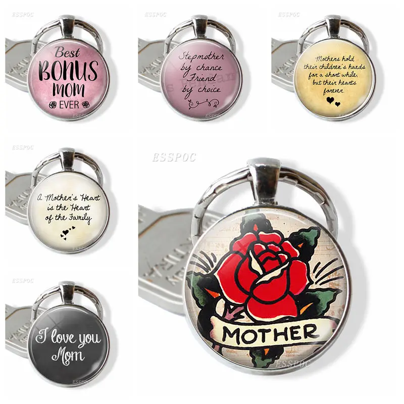 

Mother's Day Gift,Red Rose Key Chain Round Glass Silver Plated Car Key Chain Man Women Fashion Jewelry Bag Pendant