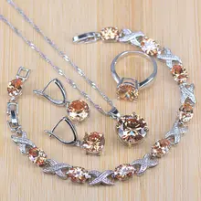 Шампанское кристалл кулон ожерелье серьги браслеты Набор 925 пробы Серебряная Бижутерия Набор для женщин Подарки на день Святого Валентина