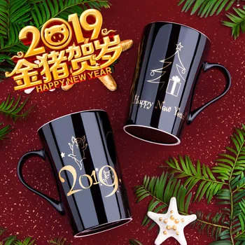 

2019 Chinese New Year Ceramic Coffee Cup Large Capacity Coffee Mug With Cover Spoon Valentine's Day Coffee Cup Gold-plated Up