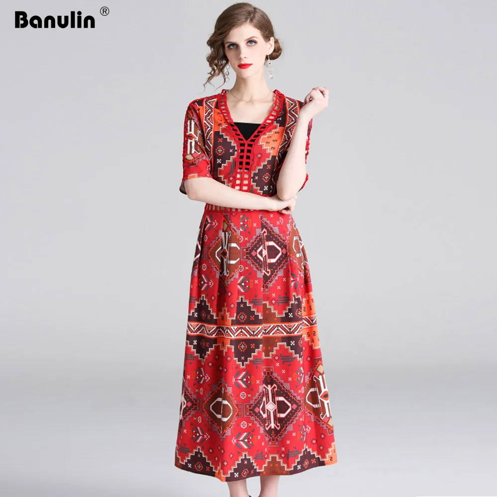 

Banulin 2019 Summer Short Sleeve Bohemian Women Maxi Dress High Quality Runway Slin Print Boho Beach Long Dress Plus Size