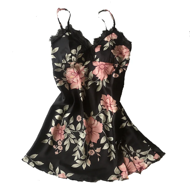 

Printed Sling Nightdress for Lady with Chest Pad Sexy Lace Design Comfortable Home Nightgowns Sleeping Women Sweet Dress