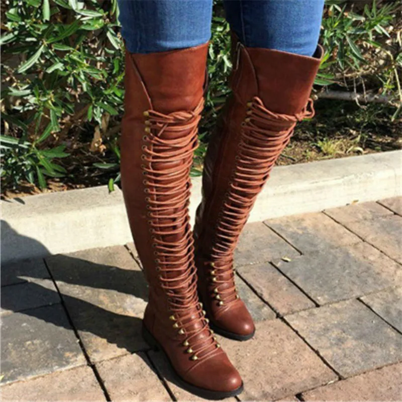 

Sexy Lace Up Over Knee Boots Women rome style Boots Women Flats Shoes Woman suede long Boots Winter Thigh High Boots