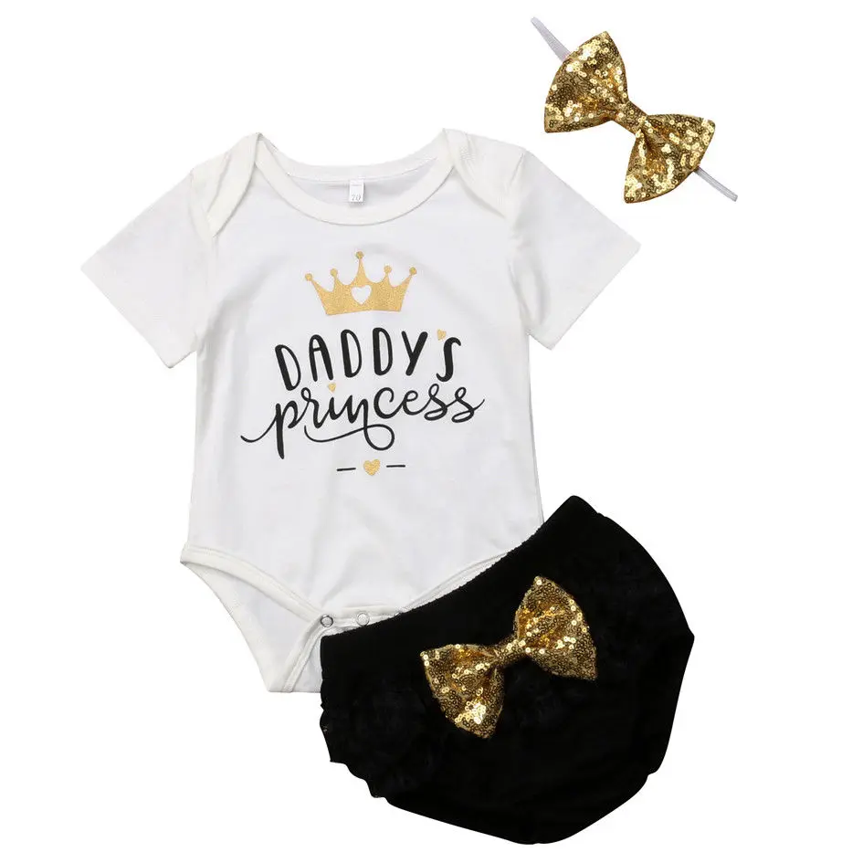 

Princess Newborn Baby Girl Short Sleeve Cotton Romper Tops Sequins Bowknot Shorts Baby Bloomers Headband 3PCS Baby Clothing Set