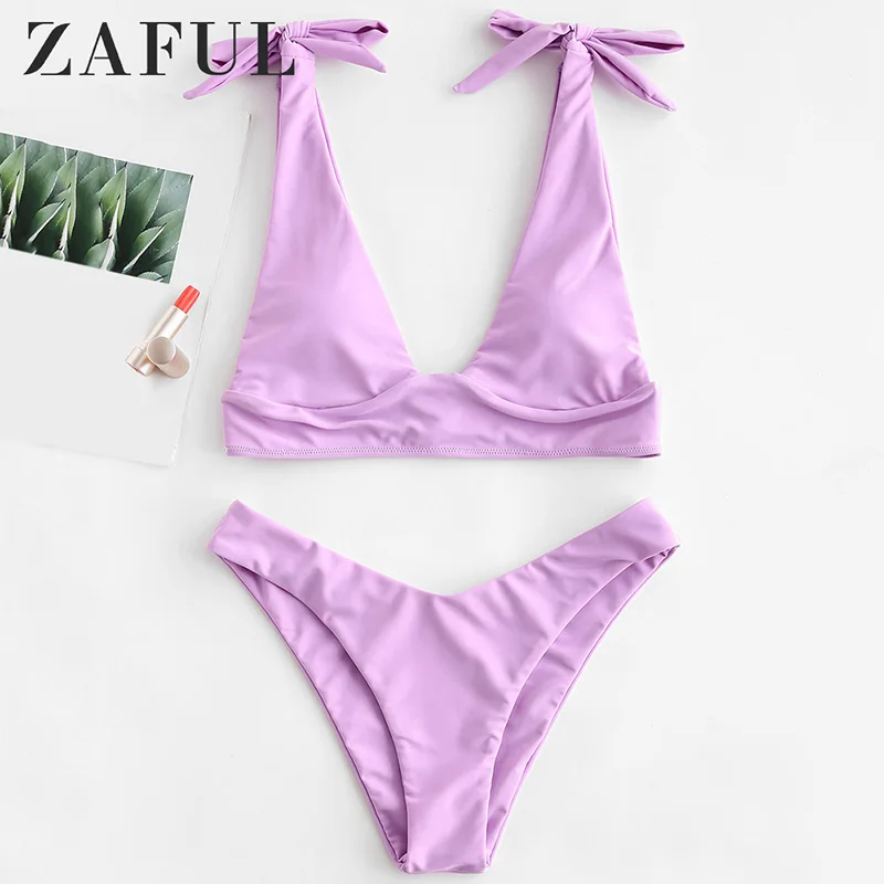  ZAFUL 2019 Tie Shoulders Swimwear Women Swimsuit Leaf Plunge Spaghetti Straps Pad Pine Green Sexy V