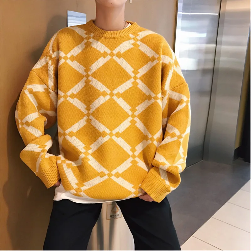 

Winter New Personality Men's Sweater M-XXL Lattice Round Neck Long-sleeved Temperament Casual Youth Sweater Loose Fashion Wild