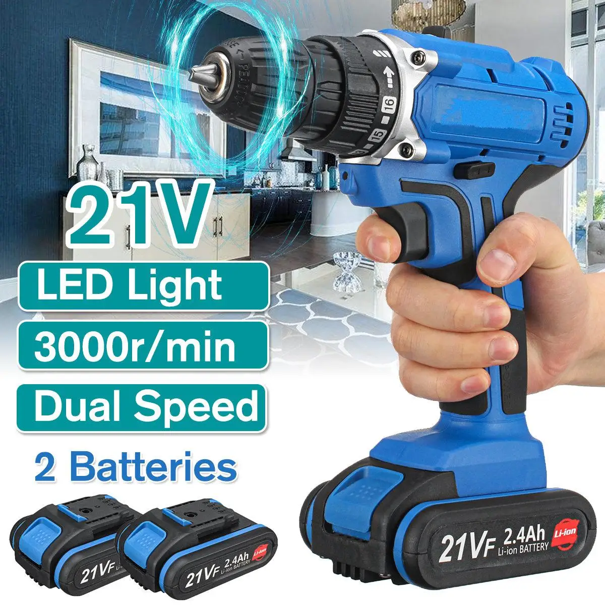 

Cordless Drill 21V 2 Batteries Electric Screwdriver 2 Speed Impact Drill Power Driver 3 in 1 Switch Electric Drill 3000 r/min