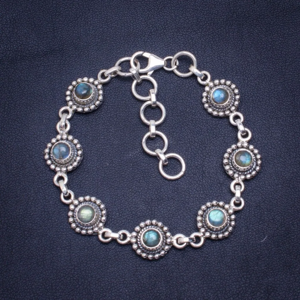 

Natural Blue Fire Labradorite Handmade Unique 925 Sterling Silver Bracelet 6.25-8" A2924
