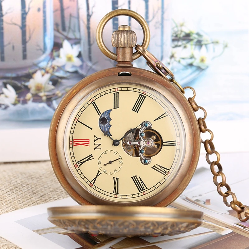 Механические карманные часы Tourbillon Phase Sun из чистой меди с изображением лося оленя