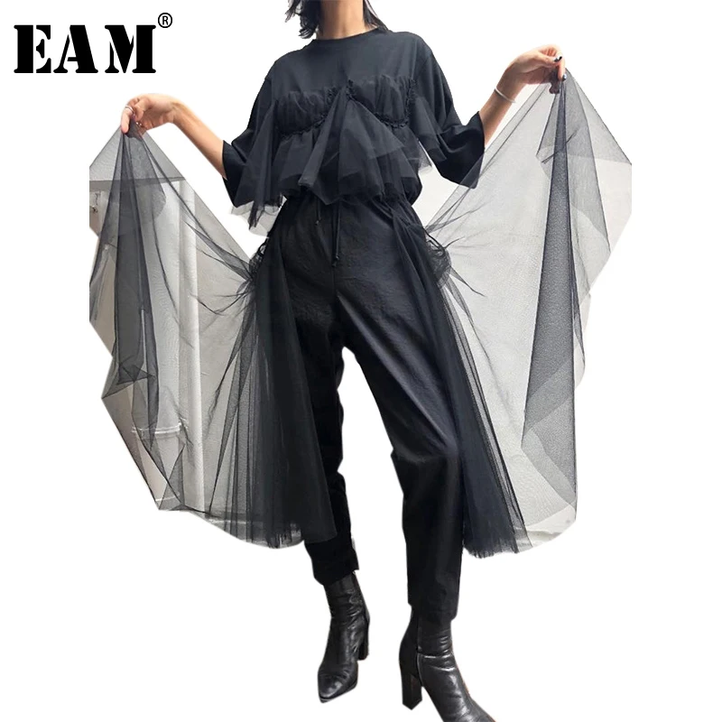 

[EAM] 2019 New Spring Summer Round Neck Short Sleeve White Loose Mesh Split Joint Temperament T-shirt Women Fashion Tide JU102