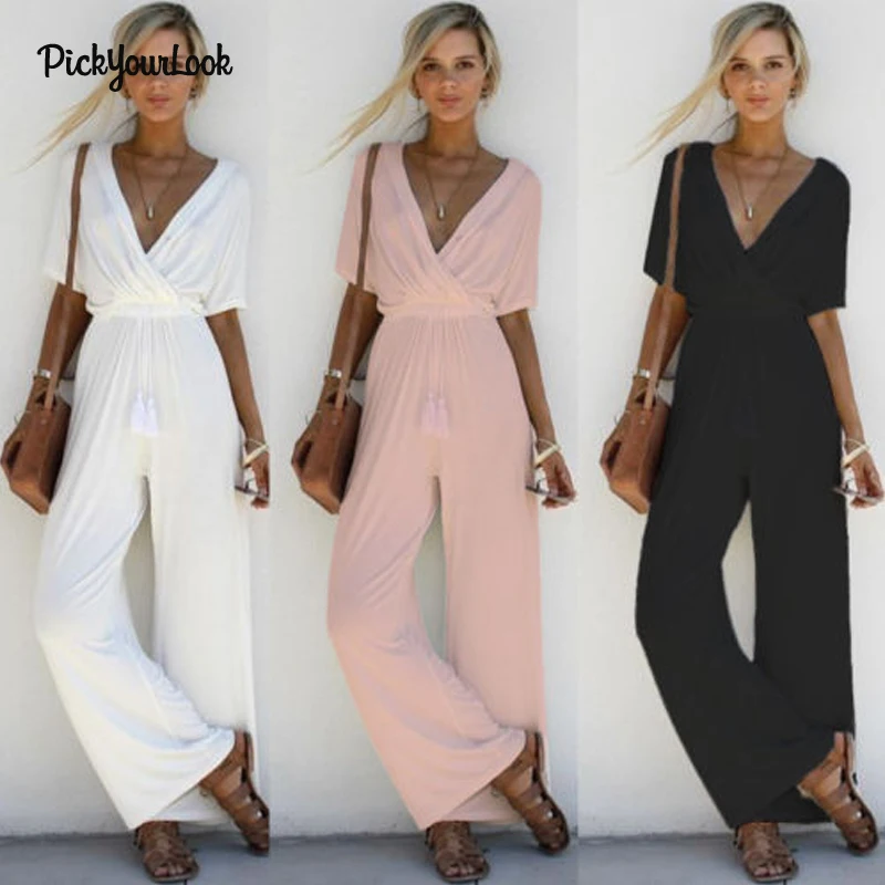 PickyourLook Deep V Jumpsuit Overalls combinaison femme 2019 Rompers Womens Jumpsuit Loose Sexy Jumpsuit Summer Wide Leg Romper