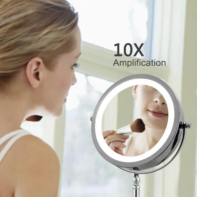 

7 Inch 10x Magnification Circular Makeup Mirror Dual Sided LED 360 Degree Rotating Cosmetic Mirror Stand Magnifier