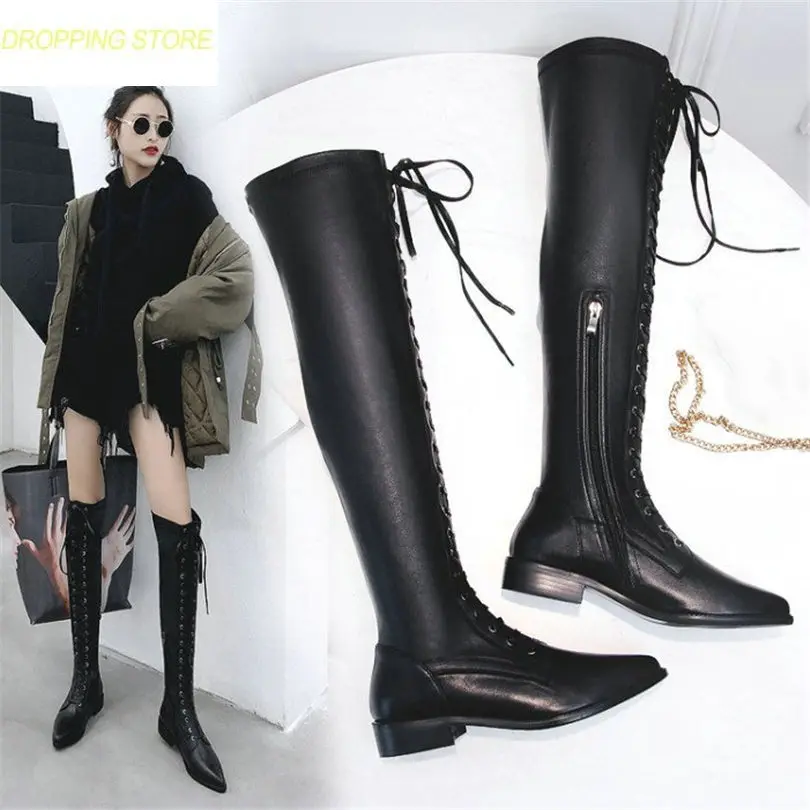 

Thigh High Boots Women Black Cow Leather Lace Up Knee High Riding Booties Low Heel Tall Shaft Punk Sneaker Oxfords