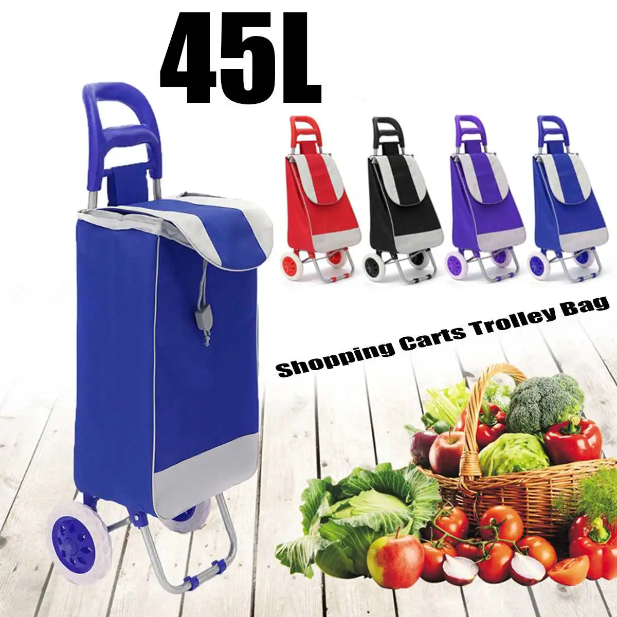 

45L Foldable Shopping Trolley Bag On Wheels Push Tote Cart Carts Trolley Bag Basket Luggage Wheels Oxford Fabric Floding