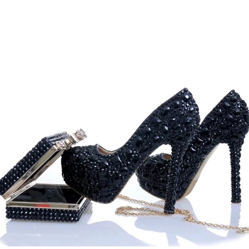

Black Crystal Bridal Dress Shoes with Clutch Rhinestone Wedding Party Shoes Cinderella Prom Pumps Sexy Nightclub Party Heels