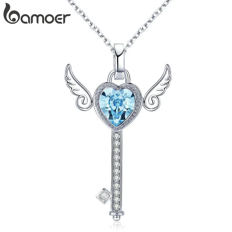 

BAMOER Romantic Guardian Key Silver Color Angel Wings Pendant Necklaces for Women Wedding Engagement Jewelry Gift YIN073
