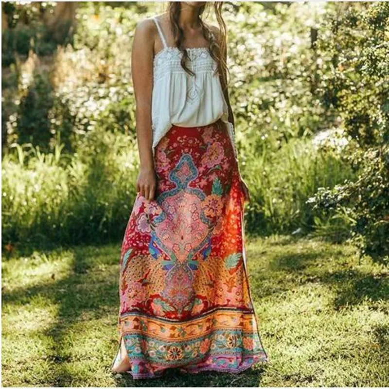 

Summer Maxi Skirt Floral Print Bohemian Hippie Long Skirts Women Split Vintage Boho Chic Beach Skirts