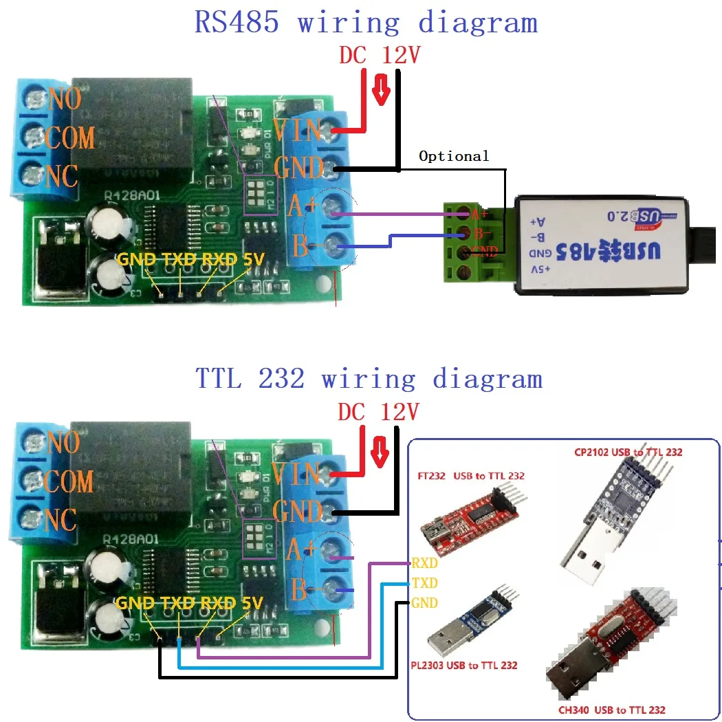 Релейный коммутатор 2 в 1 RS485 & RS232(TTL) AT Modbus RTU плата ПК USB COM UART с последовательным