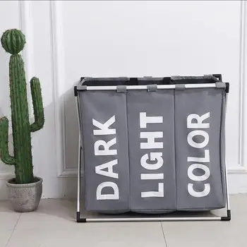 

Waterproof Supply Storage Basket Cloth Art Laundry Basket 3 Sections Folding Oxford Cloth Household Hamper With Aluminum Holder