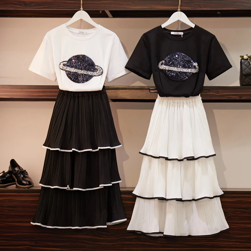 L-4XL Summer Sequined Mesh Skirt 2 Piece set Women Planet Sequins Embroider Short Sleeve Cotton Tshirt + Cake Skirt Set L-4XL Summer Sequined Mesh Skirt 2 Piece set Women Planet Sequins Embroider Short Sleeve Cotton Tshirt + Cake Skirt Set