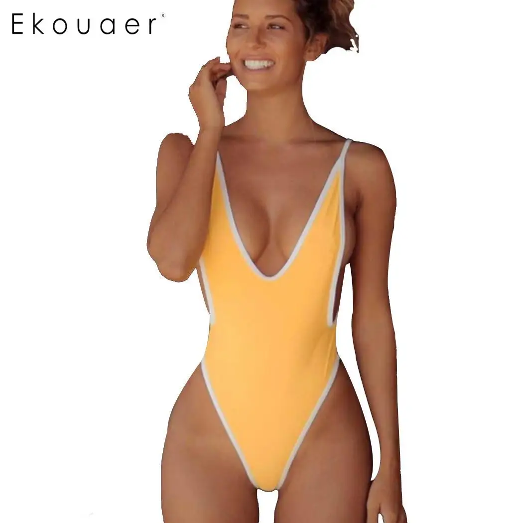 

2018 One Piece Backless High Cut Swimwear Women Sexy Natural Waist U Neck Solid Swimsuit Brazilian Beach Bathing suits