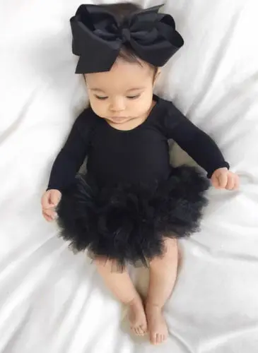 Горячая Распродажа, черный комбинезон с длинными рукавами для новорожденных девочек, боди, платье-пачка, повязка на голову с бантом, Модный комплект одежды