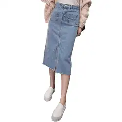 MISSKY Женская Однотонная юбка шорты с завышенной талией и карманами Дизайн повседневные Прямые джинсы с разрезом юбка