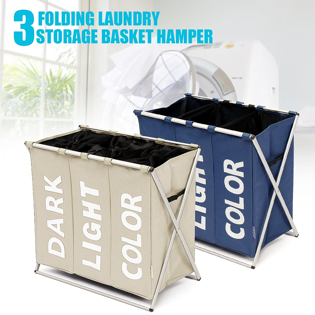 

1Pcs 3 Section Folding Laundry Sorter Hamper Organizer Washing Clothes Basket Storage Oxford Polyester Foldable 630x380x570mm