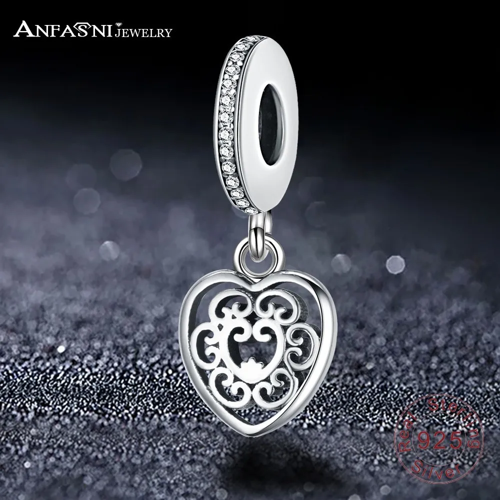 

ANFASNI Hot Real 925 Sterling Silver Heart Flower Bead Charms Fit Original Charm Bracelet Bangle DIY Authentic Jewelry Gifts