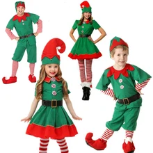

2018 Women Men Boy Girl Christmas Dress Elf Costume Kids Adults Family Green Elf Cosplay Suit Costumes Party Clothing