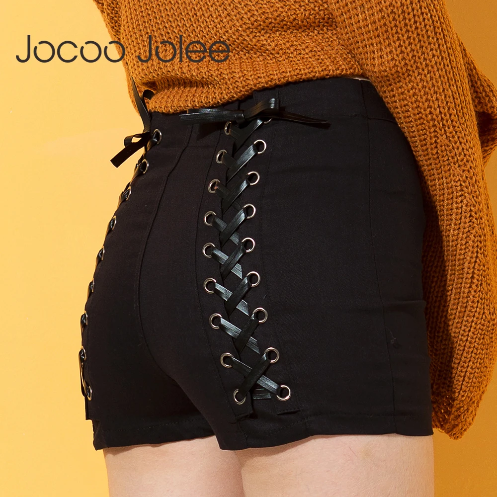 Billige Jocoo Jolee Sexy Sommer Frauen Denim Shorts 2018 Neue Schwarz Hohe Taille Ripped Kurze Jeans Femmen Zurück Lace Up Bandage shorts Neue