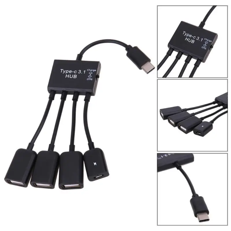 

19cm Multiple 4 Port Type-C USB Power Charging Hub Cable Connector Adapter USB 3.1 Type C Hub to 4 USB 2.0 Port HUB Black