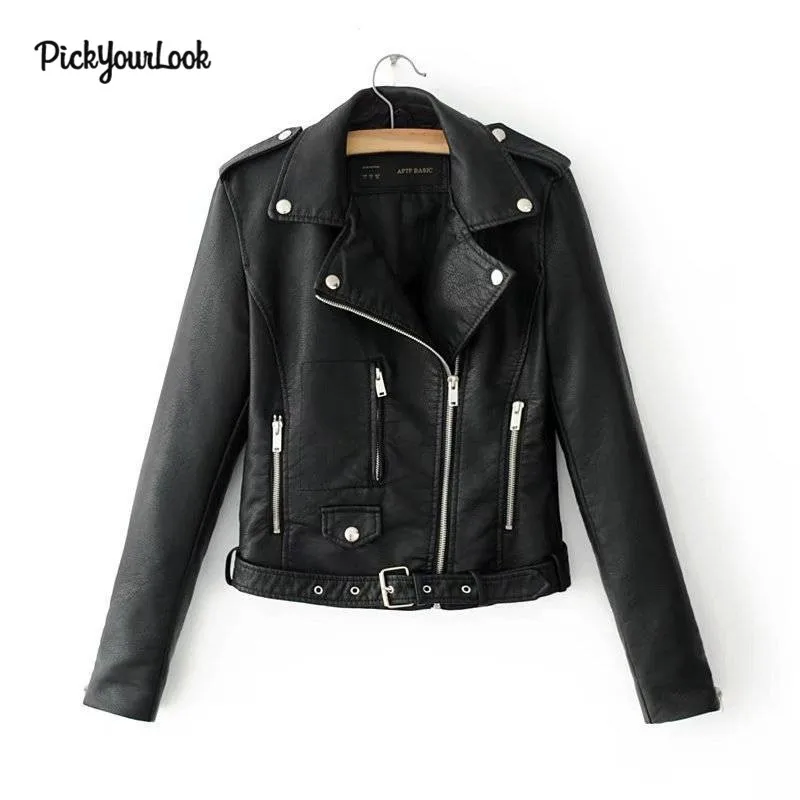 PickYourLook Women PU Jackets Slim Fit Motorcycle Jacket Cool Hip Hop Punk Style Short Outwear Clothes Zipper Pockets Jackets