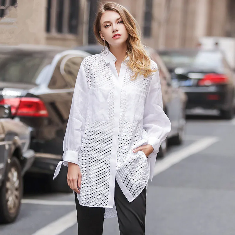 

White Linen Blouse New Fashion Long Sleeve Women Blouse 2019 Loose Hollow Out Casual Long Womens Top Street Wear Chemise Femme