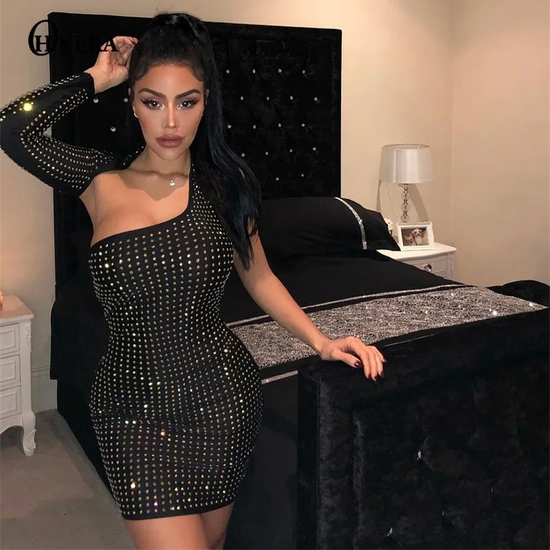 

Ohvera Diamonds Mini Party Dresses Women One Shoulder Spring Bodcycon Dress Backless Sexy Dress Vestidos