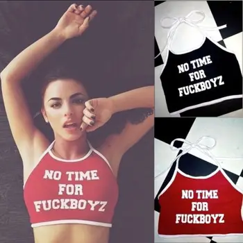 

New Fashion Women Tank Tops White Letter "No Time For" Print Sexy Casual Sleeveless Camisole Crochet Croptop