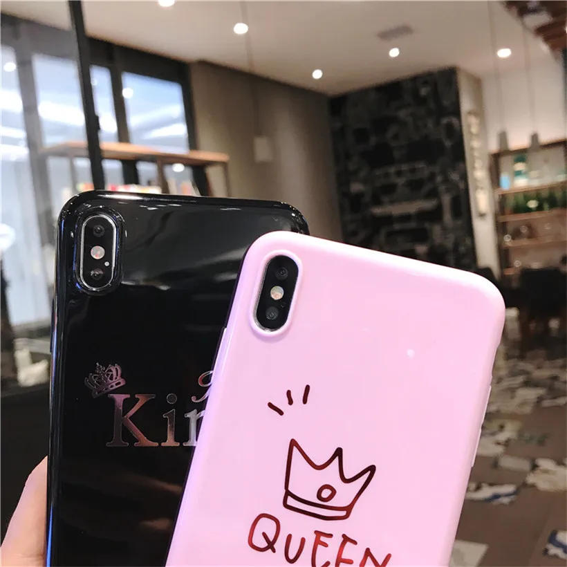 USLION Cartoon Crown Phone Case for iPhone 6 6s 7 8 Plus Silicon TPU Cases For iPhone XR XS Max Letter King Queen Back Cover