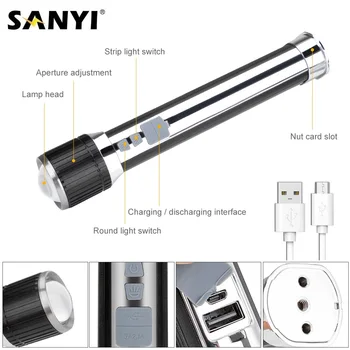 

Sanyi Portable XML T6 COB LED Flashlight USB Charging Zoomable Torch 7 Modes White+Red LED Work Lighting Mobile Power Bank Lamp