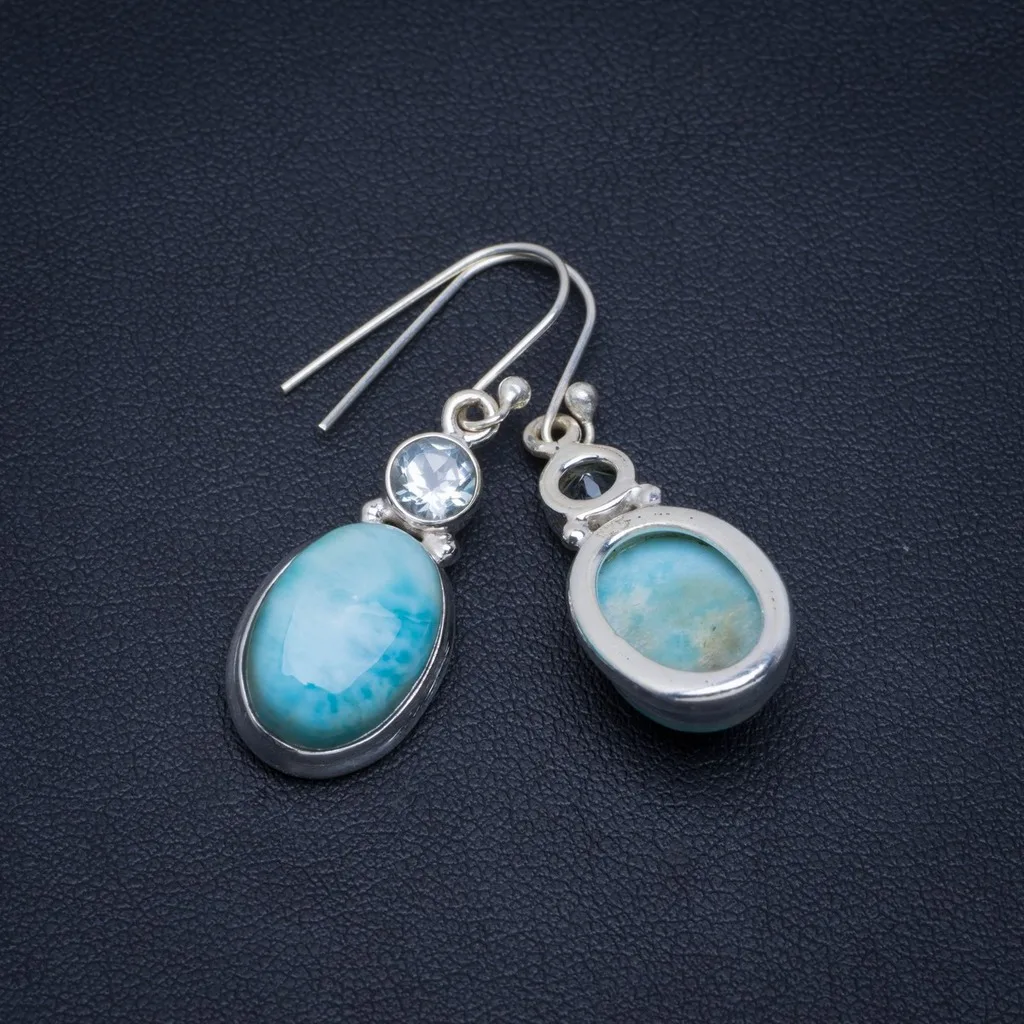 

Natural Caribbean Larimar and Blue Topaz Handmade Unique 925 Sterling Silver Earrings 1.5" A4346