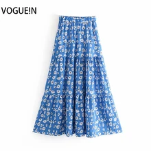 VOGUEIN новые женские летние повседневные белые цветочные печати эластичная талия синяя макси юбка
