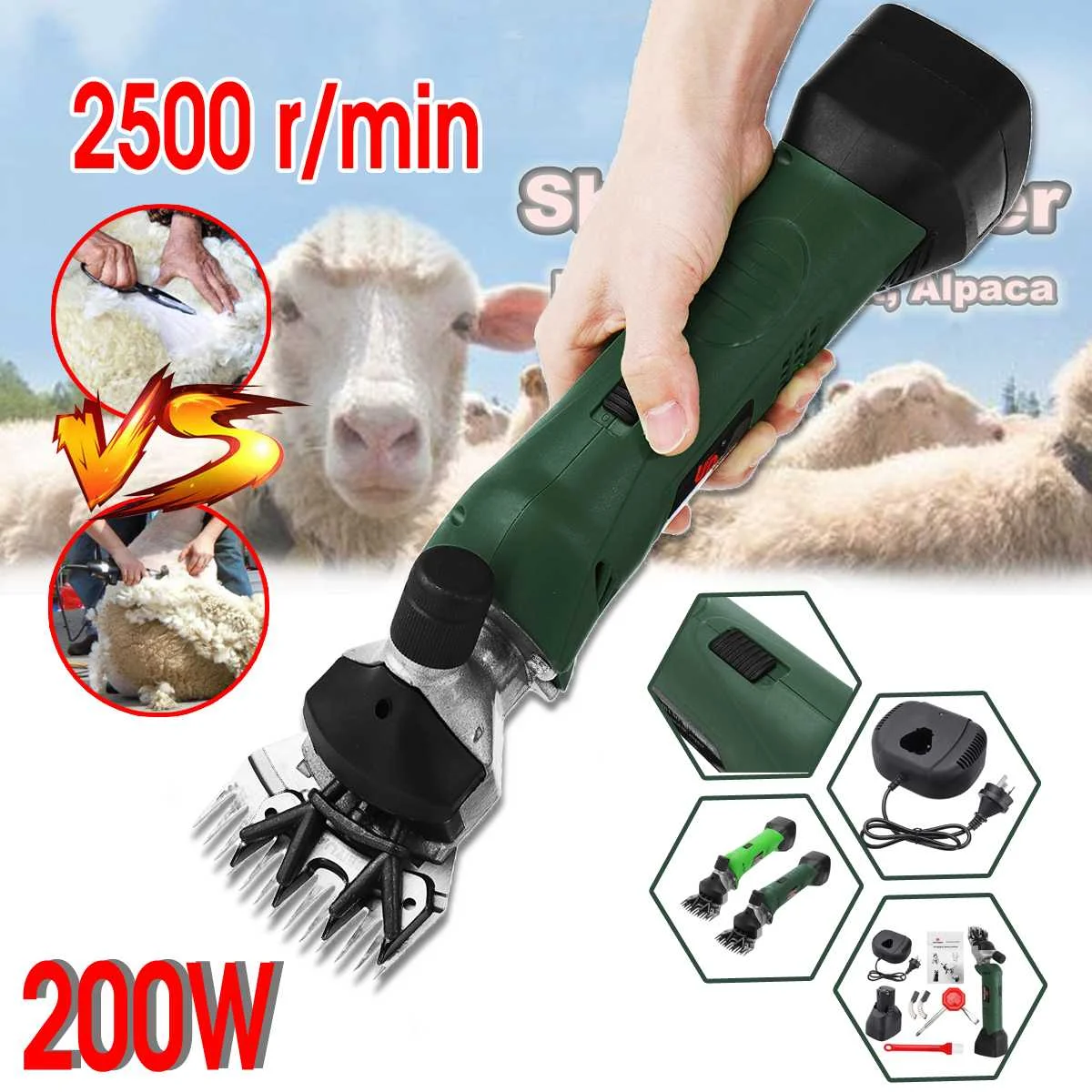 

Doersupp 220v Rechargeble Electric Sheep Shearing Clippe Adjustable Shears Goat Hair Removal Trimmer Durable Solid 2500r/min