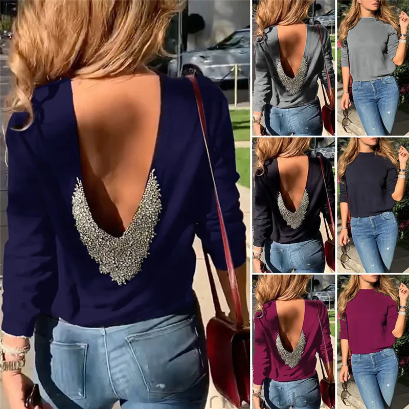 

HIRIGIN Newest 2020 Women Long Sleeve Open Back Sequin Glitter Tops Tee Ladies Casual Loose T Shirt