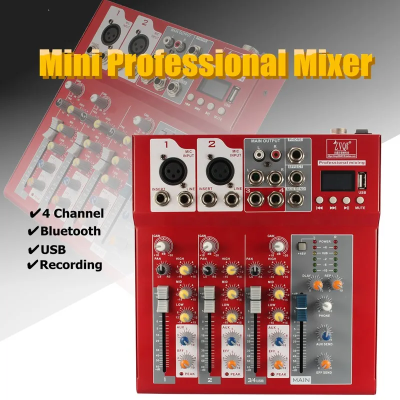 

CLAITE 48V Phantom Power 4 Channel 2 Stereo USB Play RCA Record Computer Playback Computer Record Bluetooth Mini Audio Mixer