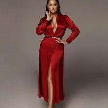 Causal Black Knot Side Surplice Wrap Split Satin Dress Elegant Long Sleeve Party Dresses Sexy Deep V Maxi Shirt Dress Sundress surplice neck mixed media dress