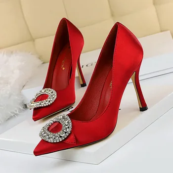 

Women's Shoes Woman High Heels Silks Satins Shallow Mouth Rhinestone Buckle Sexy Basic 34 35 36 37 38 39 40 Green Blue Black